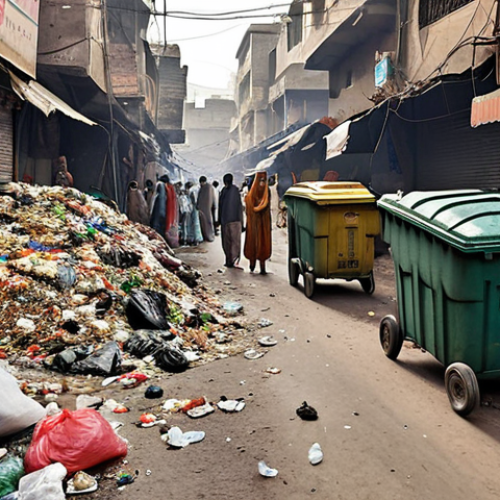**A bustling Urdu bazaar scene depicting challenges in waste management.** The image should show overflowing garbage bins, litter scattered on the streets, and possibly a cart overflowing with trash. Capture the feeling of a crowded market environment with visible pollution problems in the foreground. The style should be realistic and gritty, highlighting the need for improved waste disposal.