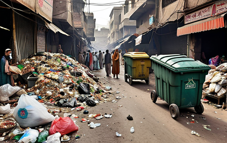**A bustling Urdu bazaar scene depicting challenges in waste management.** The image should show overflowing garbage bins, litter scattered on the streets, and possibly a cart overflowing with trash. Capture the feeling of a crowded market environment with visible pollution problems in the foreground. The style should be realistic and gritty, highlighting the need for improved waste disposal.