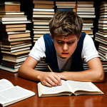 ** A student looking overwhelmed at a disorganized desk covered in books, with a clock showing a very late hour. Capture the feeling of being lost due to unclear study planning and poor time management.

**