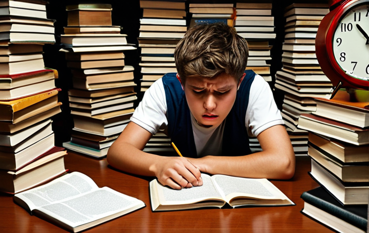 ** A student looking overwhelmed at a disorganized desk covered in books, with a clock showing a very late hour. Capture the feeling of being lost due to unclear study planning and poor time management.
**