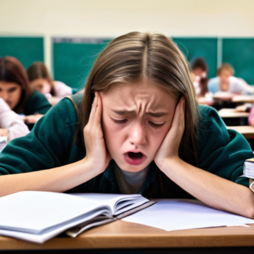 **Stressed Student Taking Exam:**  A young adult student in an exam hall, looking stressed and overwhelmed, surrounded by papers and books. Focus on the anxiety of exam pressure.