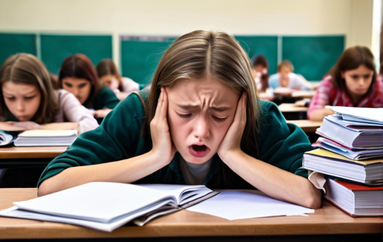 **Stressed Student Taking Exam:** A young adult student in an exam hall, looking stressed and overwhelmed, surrounded by papers and books. Focus on the anxiety of exam pressure.
