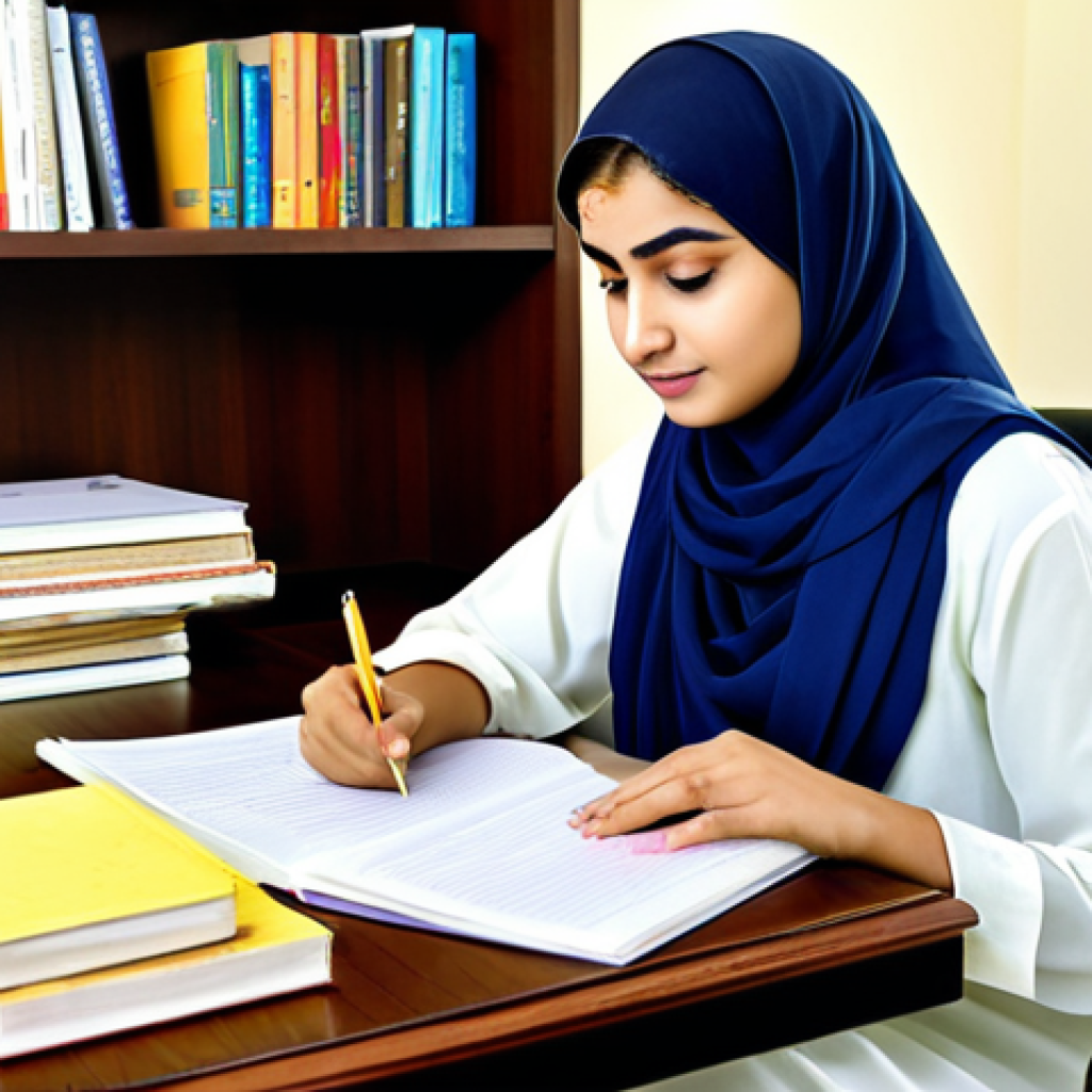 **

"A young professional woman, fully clothed in a modest shalwar kameez, sits at a desk studying, surrounded by textbooks and notes, in a well-lit home office, safe for work, appropriate content, perfect anatomy, correct proportions, family-friendly, study plan, diligent, well-formed hands, proper finger count, natural body proportions, high quality."

**