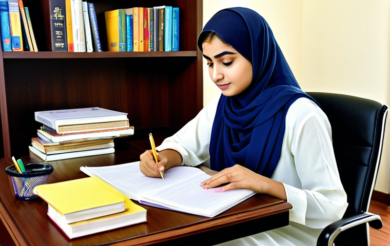 **

"A young professional woman, fully clothed in a modest shalwar kameez, sits at a desk studying, surrounded by textbooks and notes, in a well-lit home office, safe for work, appropriate content, perfect anatomy, correct proportions, family-friendly, study plan, diligent, well-formed hands, proper finger count, natural body proportions, high quality."

**