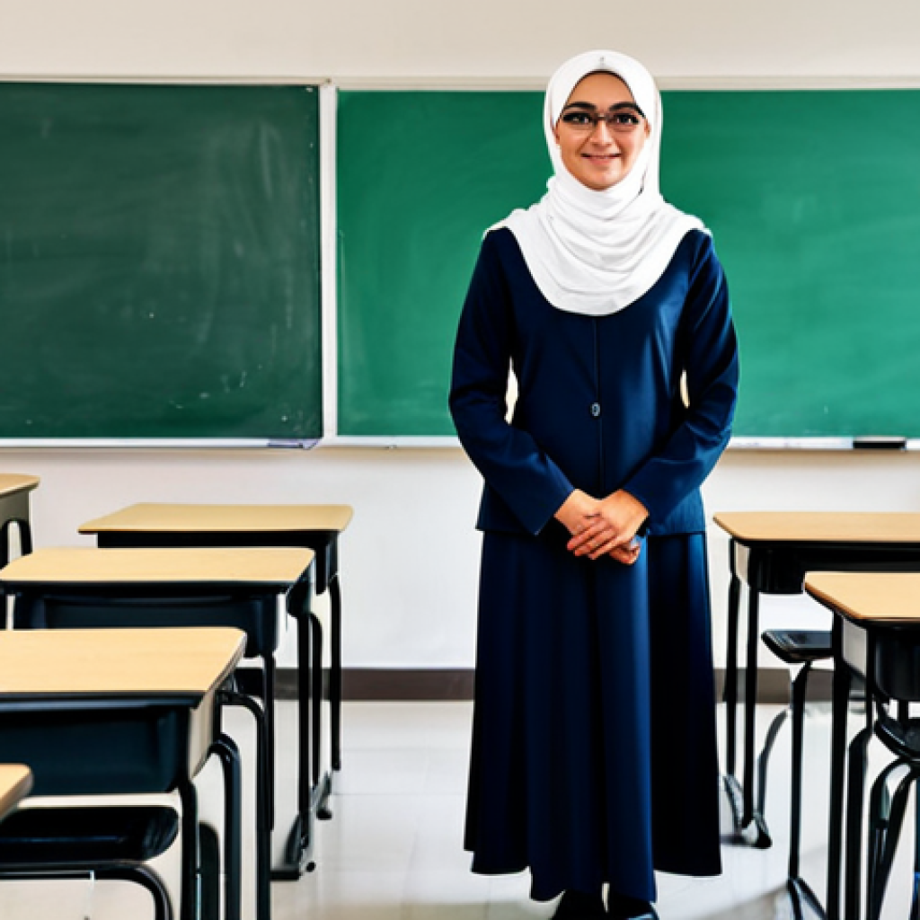 **

"A professional female teacher in a modest hijab and professional attire, standing in front of a classroom of diverse students, fully clothed, safe for work, appropriate content, educational setting, perfect anatomy, correct proportions, natural pose, well-formed hands, proper finger count, natural body proportions, family-friendly, professional photography, high quality."

**