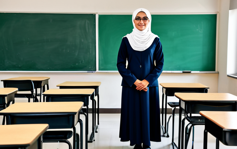 **

"A professional female teacher in a modest hijab and professional attire, standing in front of a classroom of diverse students, fully clothed, safe for work, appropriate content, educational setting, perfect anatomy, correct proportions, natural pose, well-formed hands, proper finger count, natural body proportions, family-friendly, professional photography, high quality."

**