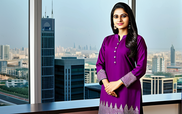 **

"A confident businesswoman in a professional modest salwar kameez, standing in a modern office setting with a cityscape view, fully clothed, appropriate attire, safe for work, perfect anatomy, natural proportions, professional corporate photography, high quality, family-friendly."

**