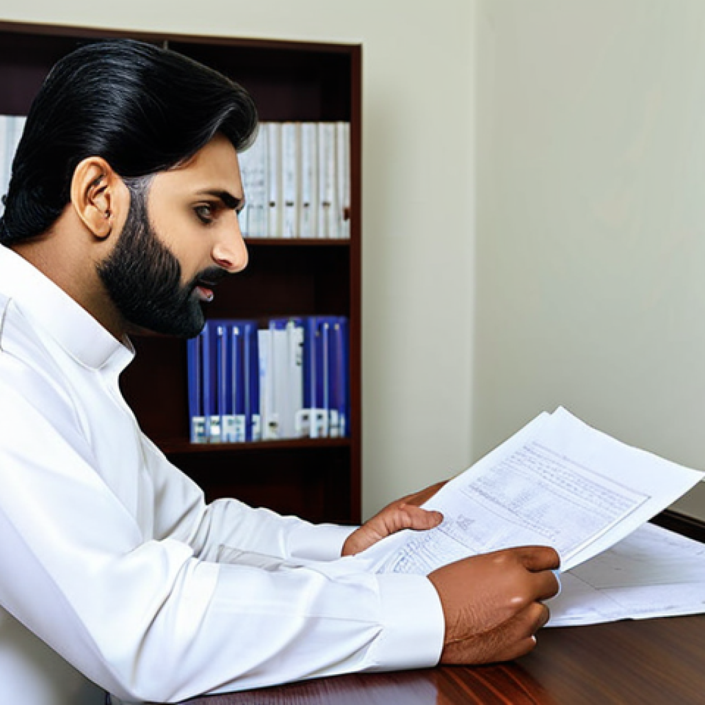 **

"A competent property manager, fully clothed in a modest shalwar kameez, reviewing documents in a well-lit office with Urdu script visible in the background, safe for work, appropriate content, professional attire, perfect anatomy, natural proportions, high quality, family-friendly."

**