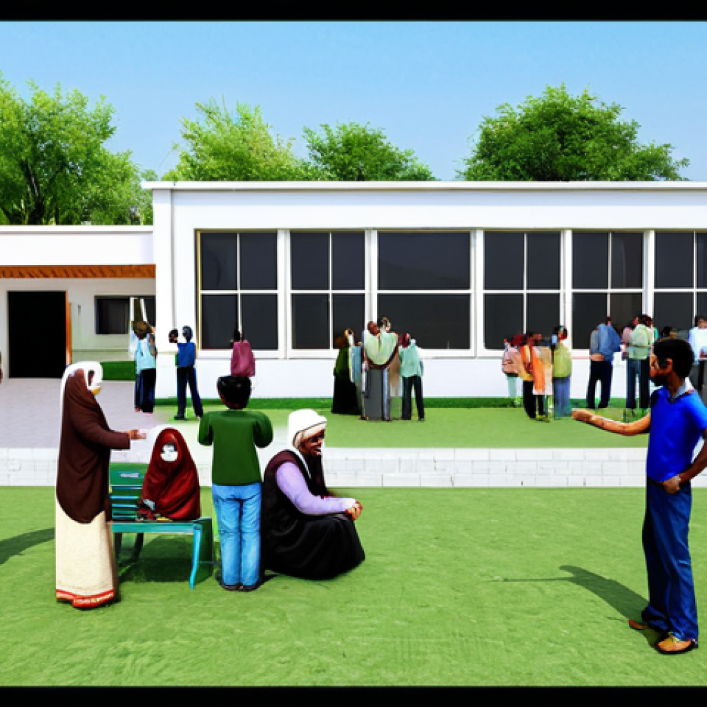 Community Development**

"A completed community center, bustling with activity, fully clothed individuals participating in various community events, safe for work, appropriate content, professional, modest, family-friendly, perfect anatomy, correct proportions, natural pose, well-formed hands, proper finger count, natural body proportions, bright daylight, community board, Urdu signage."

**