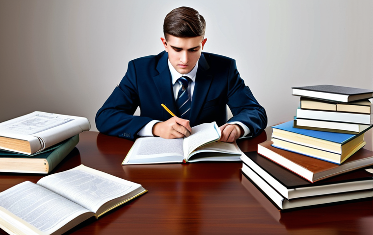 공공관리사 필기시험 합격 후 실기시험 준비법 - ** A student studying for a public administration exam, surrounded by textbooks and notes, fully clo...