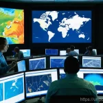 공공관리사와 관련된 국제 협력 사례 - **Prompt:** A bright, high-tech control room bustling with activity. Diverse male and female governm...