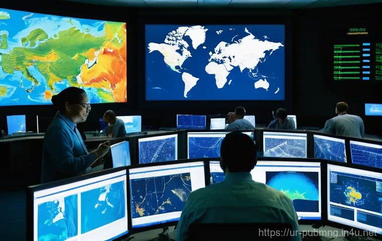 공공관리사와 관련된 국제 협력 사례 - **Prompt:** A bright, high-tech control room bustling with activity. Diverse male and female governm...