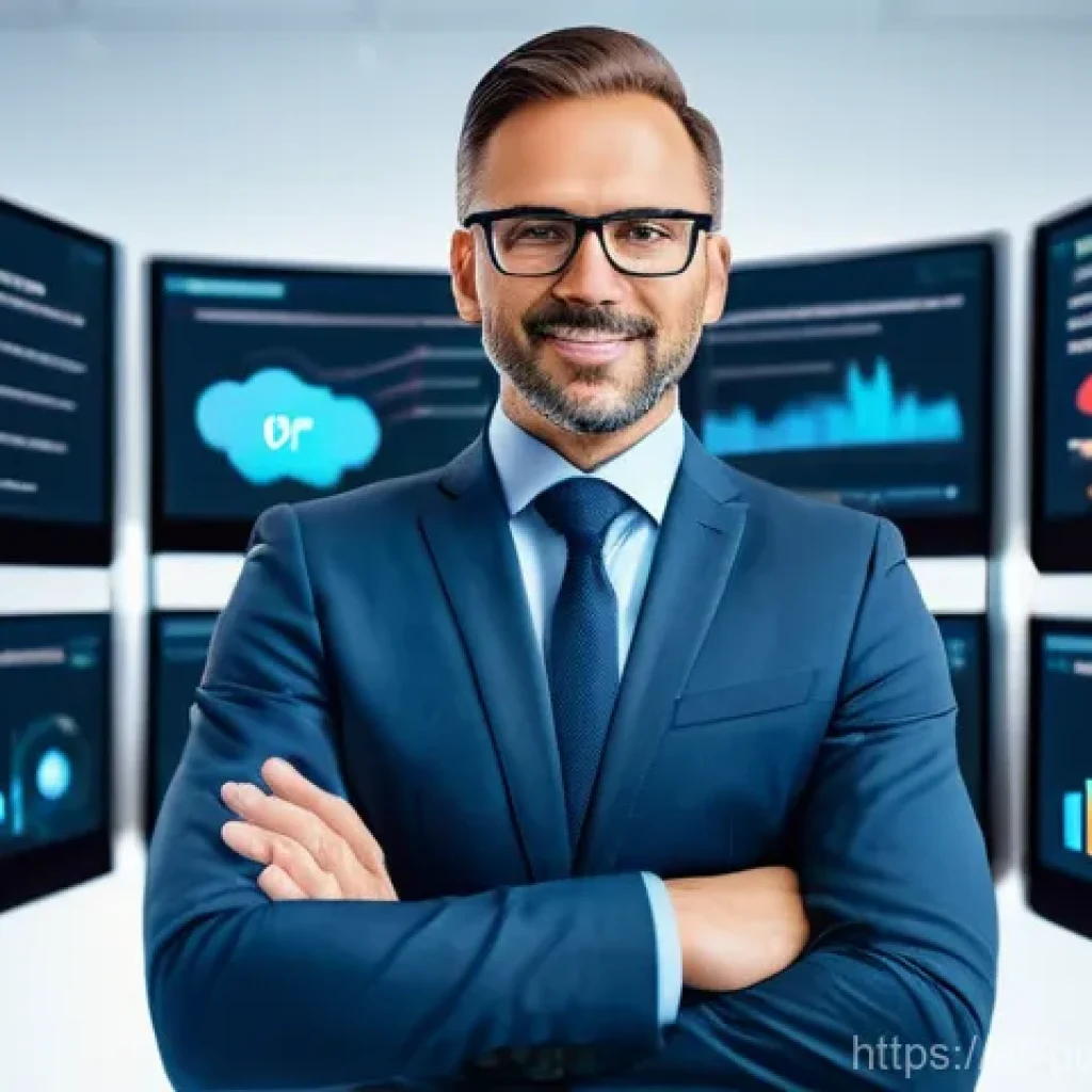 공공관리사로서의 경력 개발 방향 - **Prompt: A futuristic, diverse public administrator, in their late 30s to early 40s, stands confide...