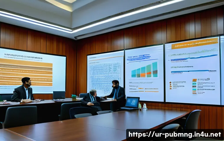 공공관리사 관련 논문 및 연구 자료 - A modern government office environment in Pakistan, with diverse officials analyzing detailed digita...