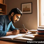 Home 13 공공관리사 취업 전략과 경력 개발 방향 - A focused young Pakistani man studying at a neat desk in a traditional home office, surrounded by Ur...