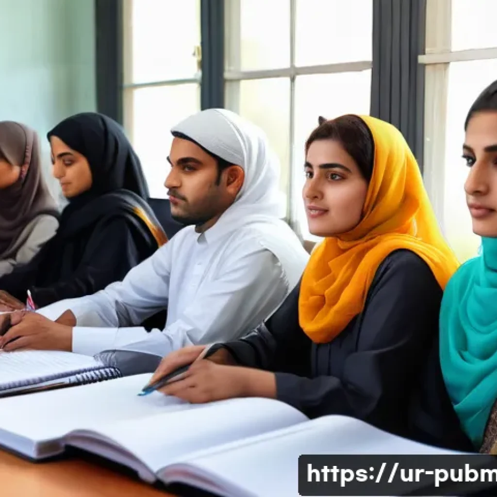 공공관리사 필수 과목 정리 - A detailed classroom scene in a modern Pakistani university setting, focused on a diverse group of a...