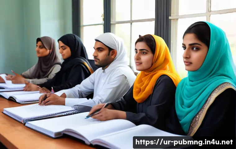 공공관리사 필수 과목 정리 - A detailed classroom scene in a modern Pakistani university setting, focused on a diverse group of a...