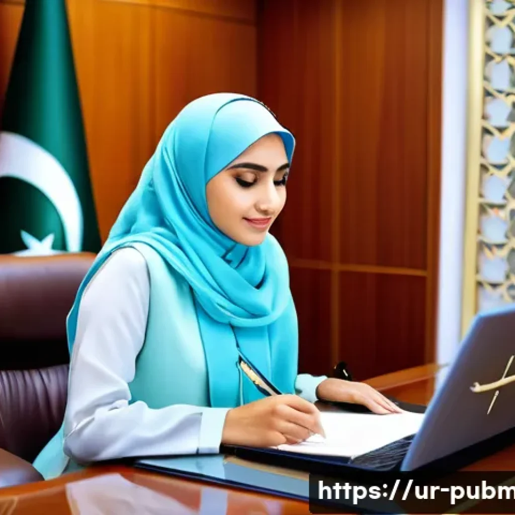 공공관리사 자격증으로 가능한 직무 변화와 도전 - A professional office environment in a Pakistani government building, showing a confident female pub...