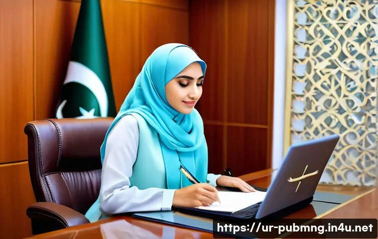 공공관리사 자격증으로 가능한 직무 변화와 도전 - A professional office environment in a Pakistani government building, showing a confident female pub...