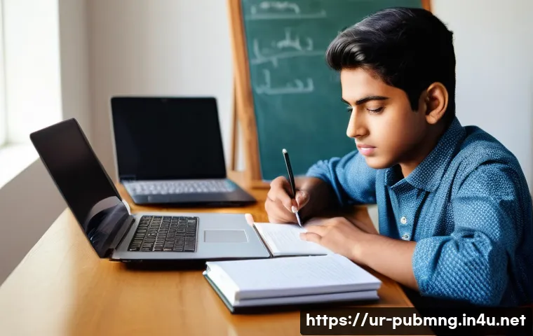 공공관리사 시험 준비 중 가장 중요한 팁 - A focused young South Asian student sitting at a neat wooden desk in a bright, modern room filled wi...