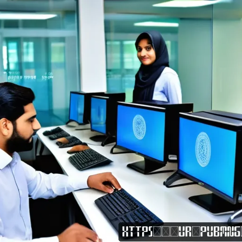 공공관리사와 유사 직업 비교 - A modern public administration office in Pakistan, featuring young male and female civil servants dr...