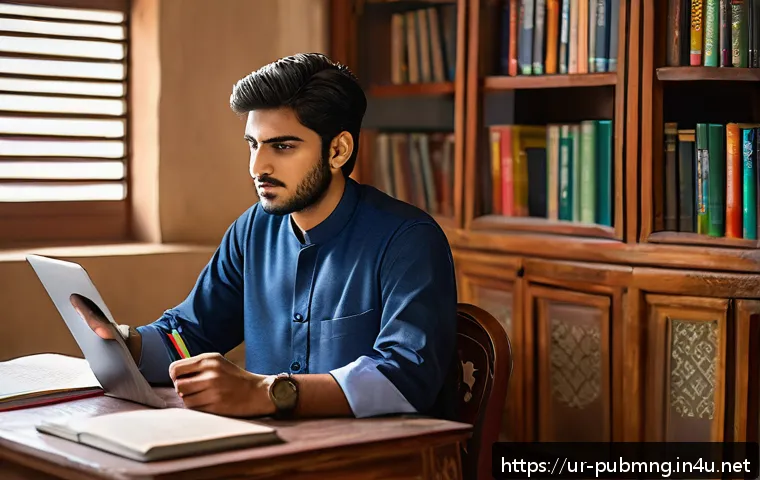 공공관리사 필기시험에서 자주 출제되는 문제 분석 - A focused Pakistani student sitting at a traditional wooden desk in a cozy study room, surrounded by...