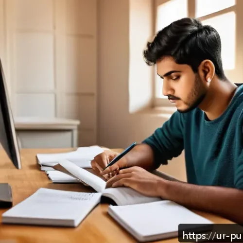 Home 17 공공관리사 필기시험 준비를 위한 추천 자료 - A focused young South Asian man studying at a desk in a cozy, well-lit room, surrounded by organized...
