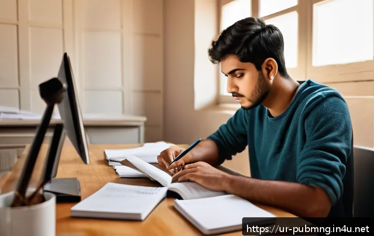 공공관리사 필기시험 준비를 위한 추천 자료 - A focused young South Asian man studying at a desk in a cozy, well-lit room, surrounded by organized...