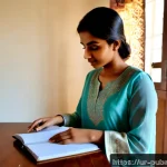공공관리사 시험 준비 과정 공유 - Photorealistic study scene in a modest Lahore apartment, a young Pakistani woman in a pastel shalwar...