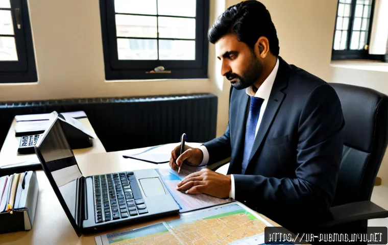 Home 30 공공관리사 실무에서 필요한 도구와 기술 - Photorealistic Pakistani public administration professional at an organized office desk, using a lap...